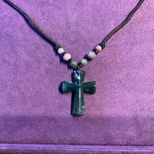 Cross made of genuine moss agate stone new