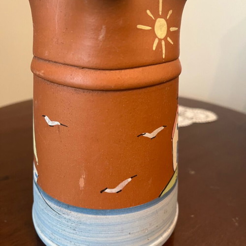 Handmade ceramic jug with painted island landscape, new