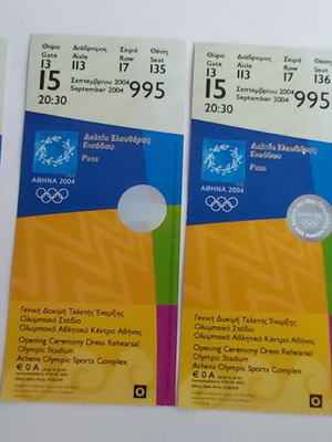 General rehearsal opening ceremony tickets used, 4 Athens Paralympic Games passes