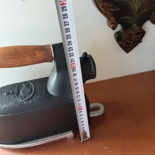 Large vintage charcoal iron "tailor's" with wooden handle