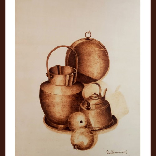 Still life pyrography painting signed artwork on linden wood