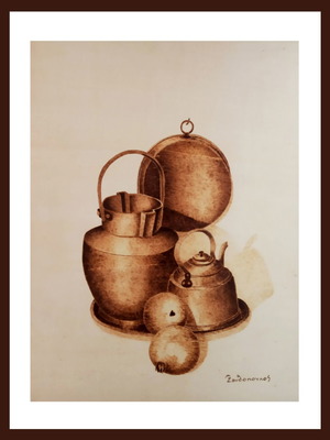 Still life pyrography painting signed artwork on linden wood