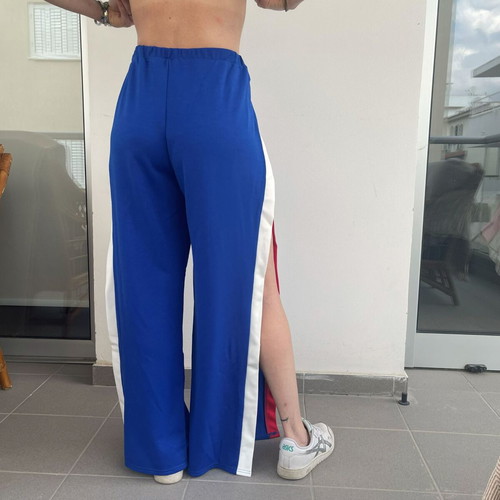Blue Wide-Leg Pants with Side Slits and Stripes like new