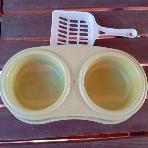 Pet bed, feeder, scoop and brush used set