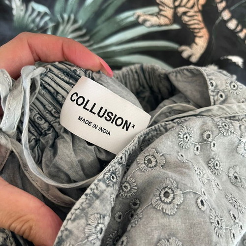 Collusion Broderie Babydoll Dress With Utility Pocket In Washed Blue Like New