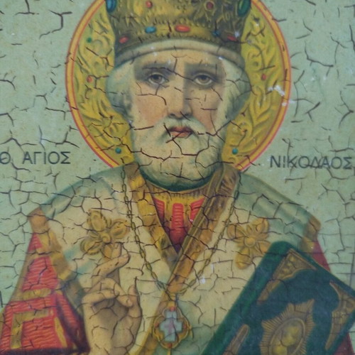 Wooden Saint Nicholas Icon used, vintage style with crackle effect