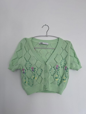 Zara baby green crop knit short-sleeve cardigan XS-S new