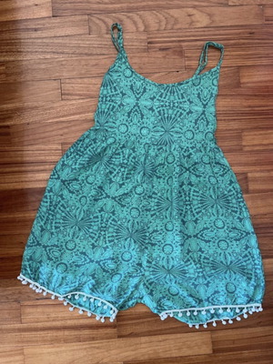 Jumpsuit green with white tassels and adjustable straps like new