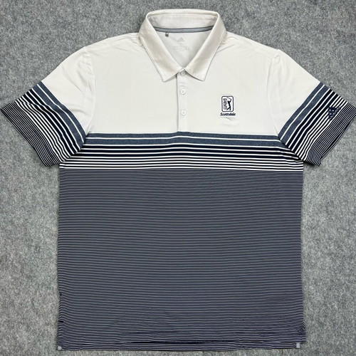 Adidas TPC Scottsdale Men's Golf Polo Shirt Large White Blue Striped Short Sleeve with Collar