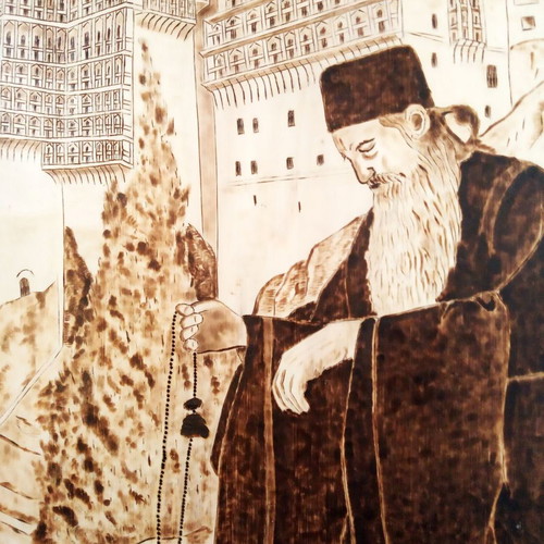 Mount Athos Monk pyrography painting new on linden wood