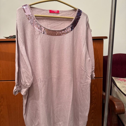 Short-Sleeve Pullover with Rhinestones at Neck new pink XXL