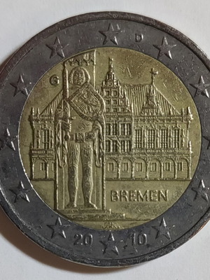 Германия 2€ 2010 Бремен юбилейна монета употребявана, монетен двор G