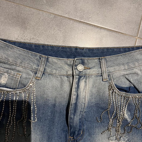 Denim shorts with strass fringes, like new, size L 40 12, blue