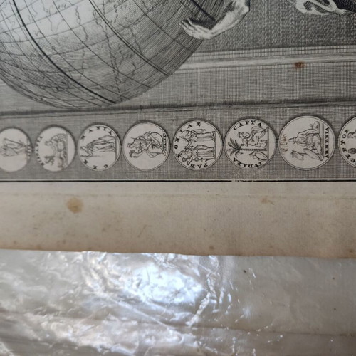 Engraving book frontispiece used with hero Atlas holding the earth