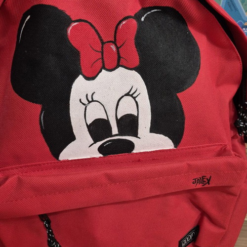 Hand-painted red backpack with Minnie Mouse design
