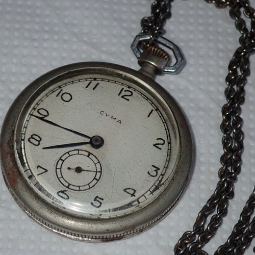 Cyma Swiss Pocket Watch 1930s used with chain and 6 stones