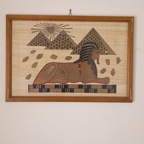 Papyrus in wooden frame limba wood new with golden details