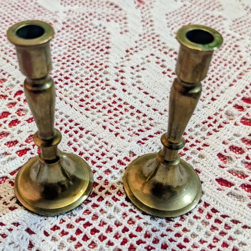Vintage brass candlestick pair, miniature, 7 cm