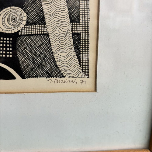 Old woodcut used, numbered 27/300, framed 39x31 cm