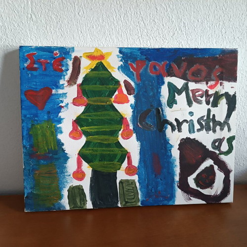 Handmade canvas painting Christmas tree Merry Christmas Naive Art