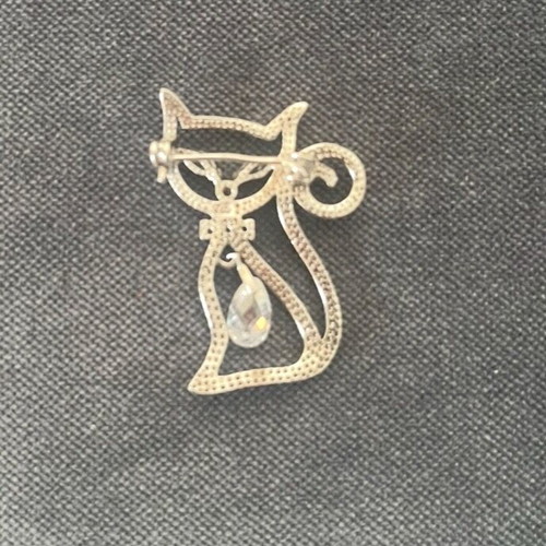 Silver Cat Brooch with Crystals like new