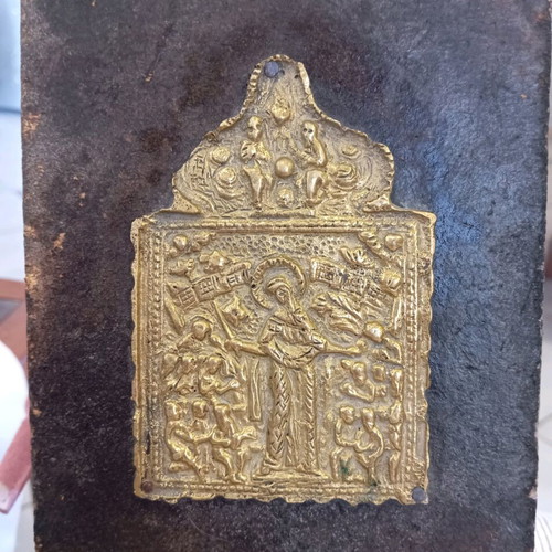 Vintage icon cast brass on wood used 17x14 cm