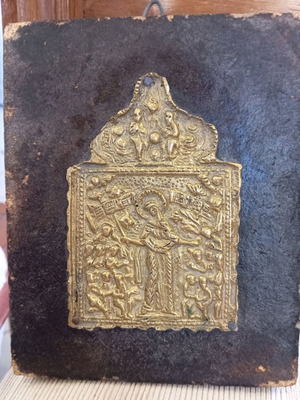 Vintage icon cast brass on wood used 17x14 cm