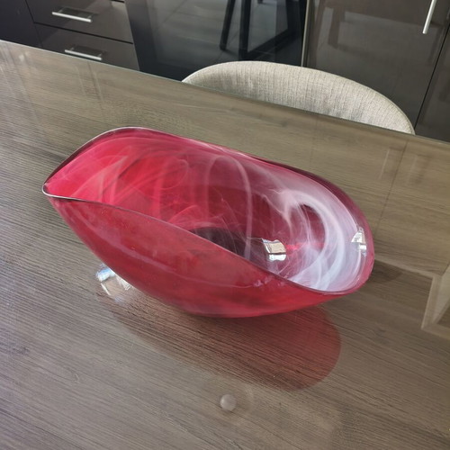 Handmade glass bowl like new with red and white swirl design