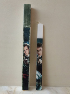 Λαμπάδα διακοσμημένη με decoupage με θέμα Harry Potter με κουτί