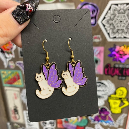 Fairy cat earrings new, steel, purple and gold