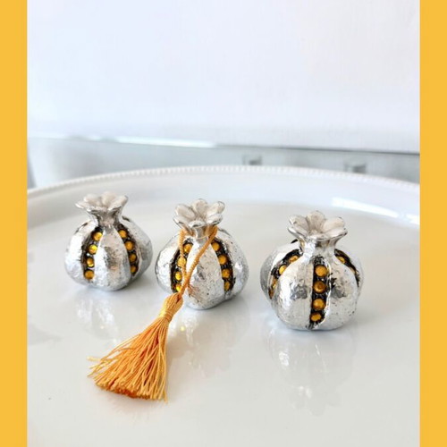 Set of 3 decorative pomegranate miniatures silver with crystals and tassel new