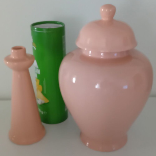 Vintage Chinese dusty pink salmon vase and candlestick set like new