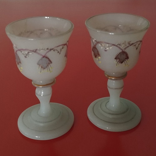 Opaline French liqueur glasses used, set of 2, 19th century