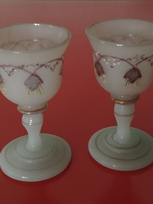 Opaline French liqueur glasses used, set of 2, 19th century