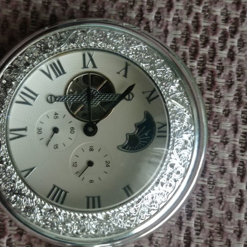 Pocket watch wind-up unused with moon phases silver