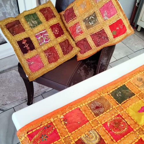 Indian Patchwork Set of 3: Large Table Runner 150x48 & 2 Cushions 42x42