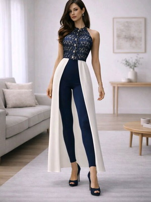 Μπλε Δαντελένιο Layered Top με Μακρύ Εκρού Ύφασμα σαν Καινούργιο, Μέγεθος M