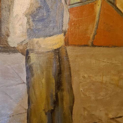 Santorinios Nikolaos Oil Painting "Old Man at the Harbor" on Hardboard New
