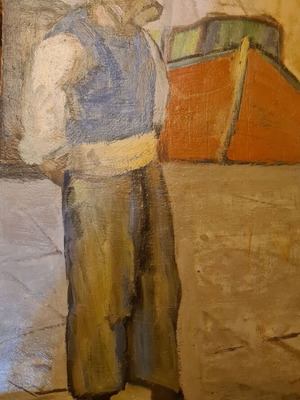 Santorinios Nikolaos Oil Painting "Old Man at the Harbor" on Hardboard New