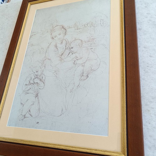 Engraving-style painting, children's scene, 0.80x0.60 m, vintage