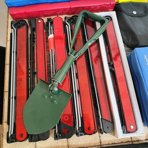 Car safety kit with fire extinguisher, triangles, first aid kits, shovel, vest