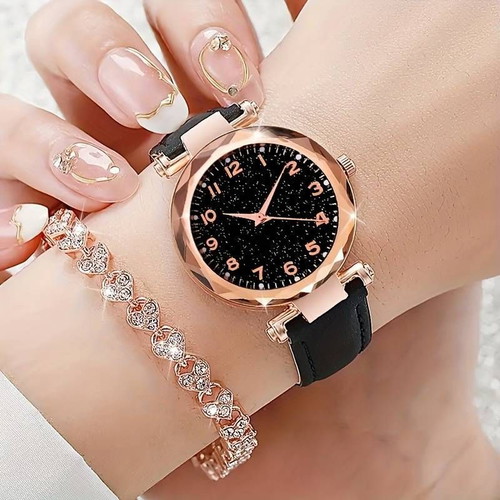 Watch and bracelet set new with leather strap and rhinestones