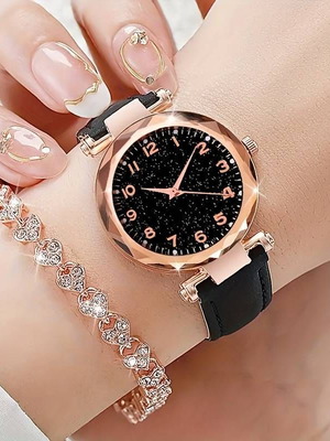 Watch and bracelet set new with leather strap and rhinestones