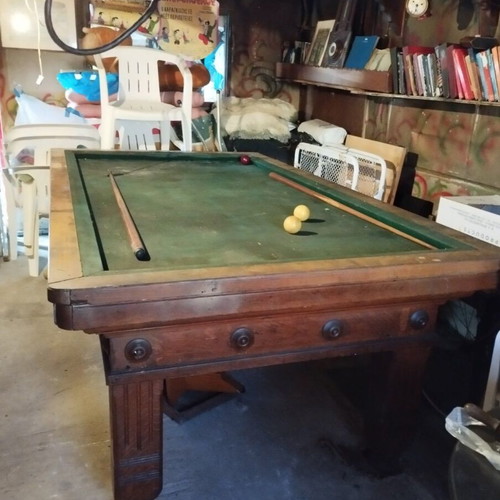 Old French billiard table used, solid wood, heavy and sturdy, with damages