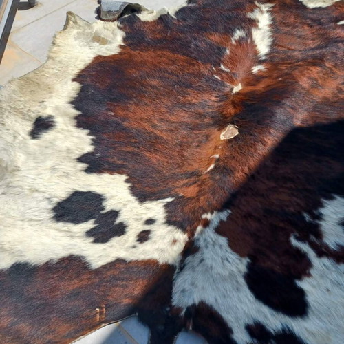 Cowhide rug used, cleaned, 2.20x2 m, natural brown-white pattern