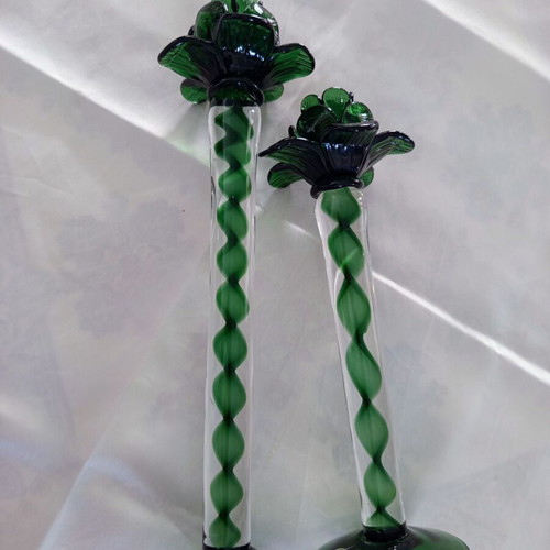 Pair of vintage Italian Capolavoro candlesticks used, handmade green glass