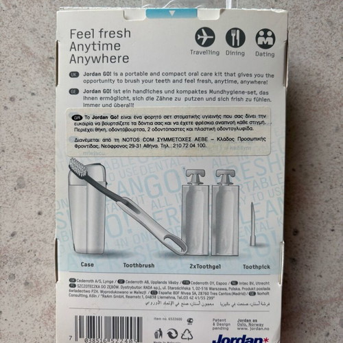 Jordan GO! Portable Travel Toothbrush with 2x Concentrated Toothgel new