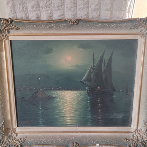 Alex Brickman oil painting used, Night Seascape with sailboat