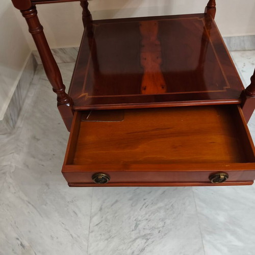 Pair of classic side tables with leather sliding shelf like new