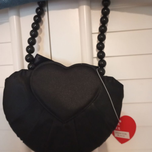 Evening handbag black satin heart-shaped with bead handles